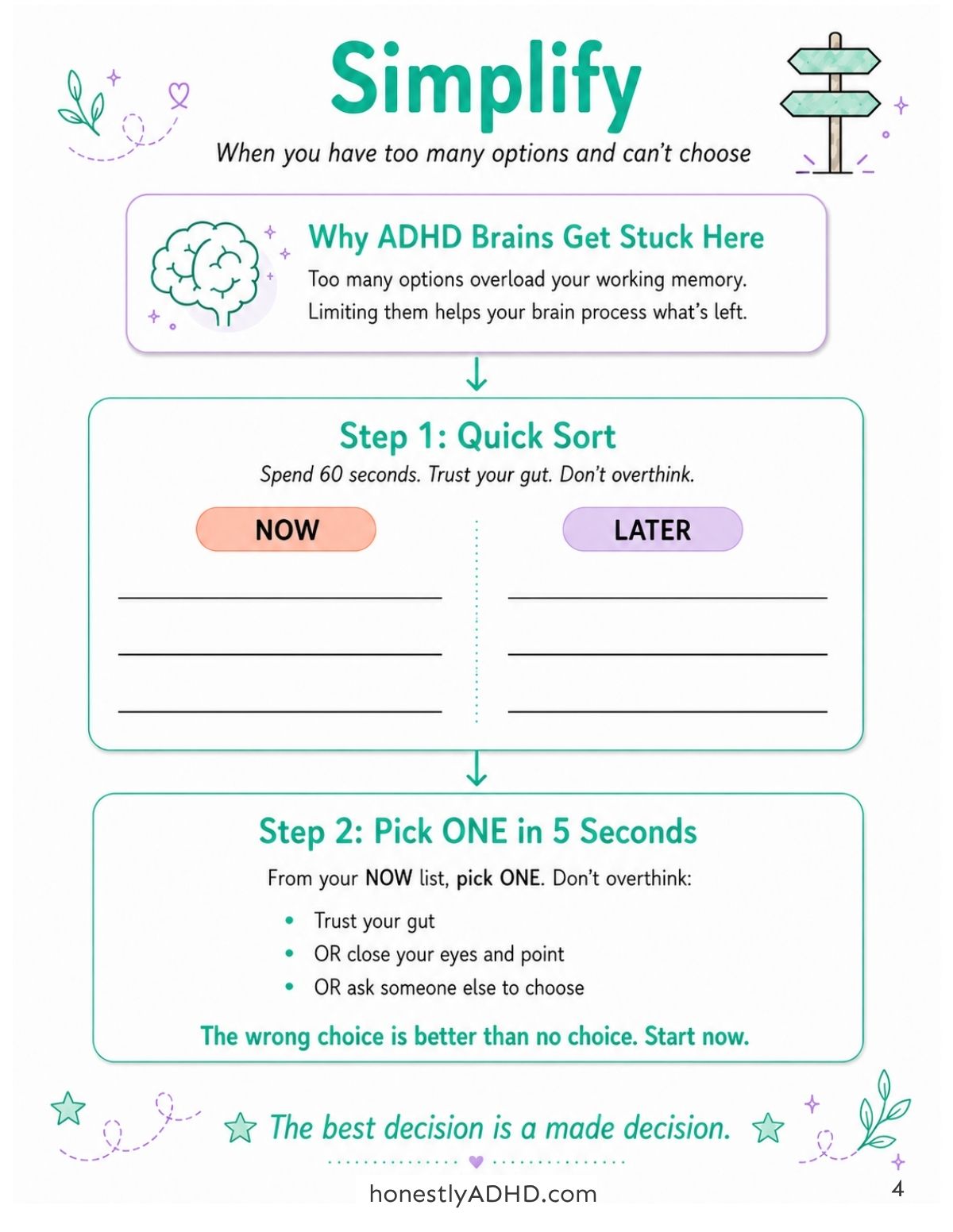 ADHD decision-making printable titled "Simplify: When you have too many options and can't choose." Explains that too many options overload working memory. Features a two-step process: Step 1 is a Quick Sort with NOW and LATER columns to spend 60 seconds sorting options without overthinking. Step 2 is "Pick ONE in 5 Seconds" using gut instinct, closing your eyes and pointing, or asking someone else. Includes the reminder "The wrong choice is better than no choice. Start now." Footer reads "The best decision is a made decision."