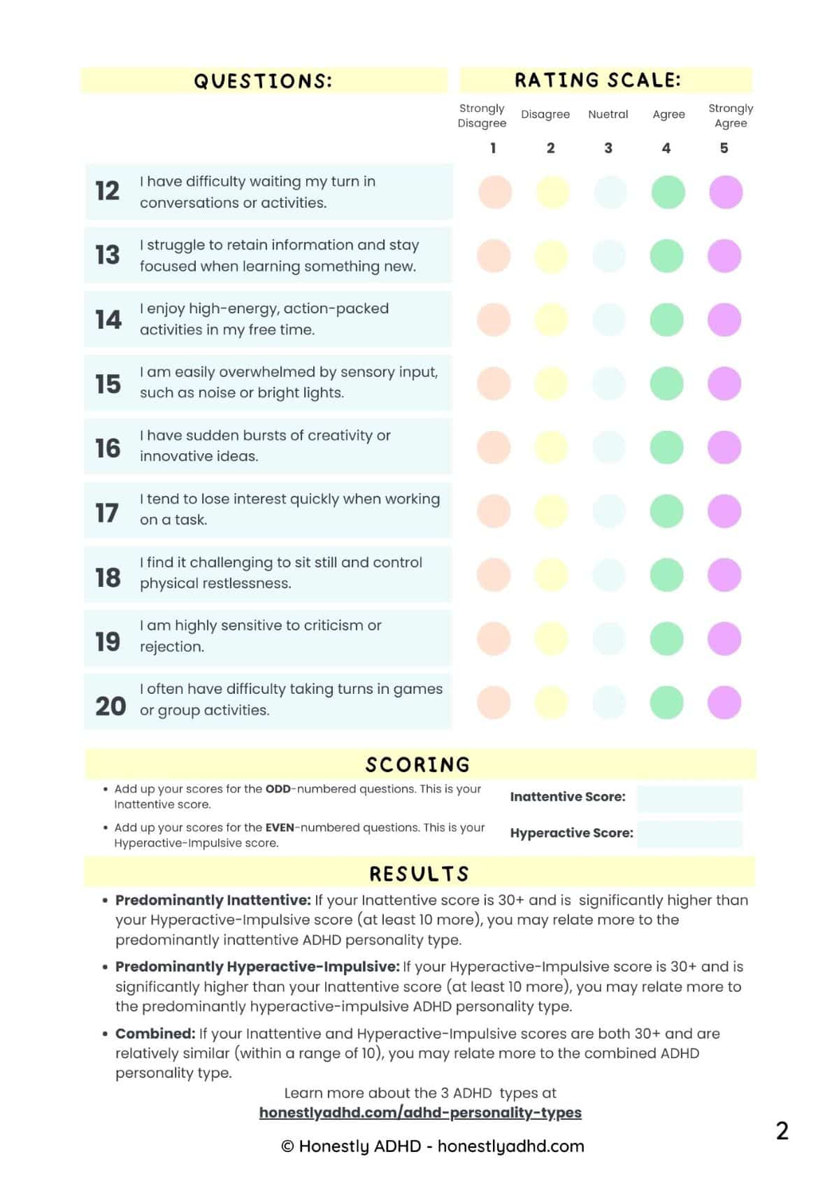 Page two of an ADHD personality traits quiz.