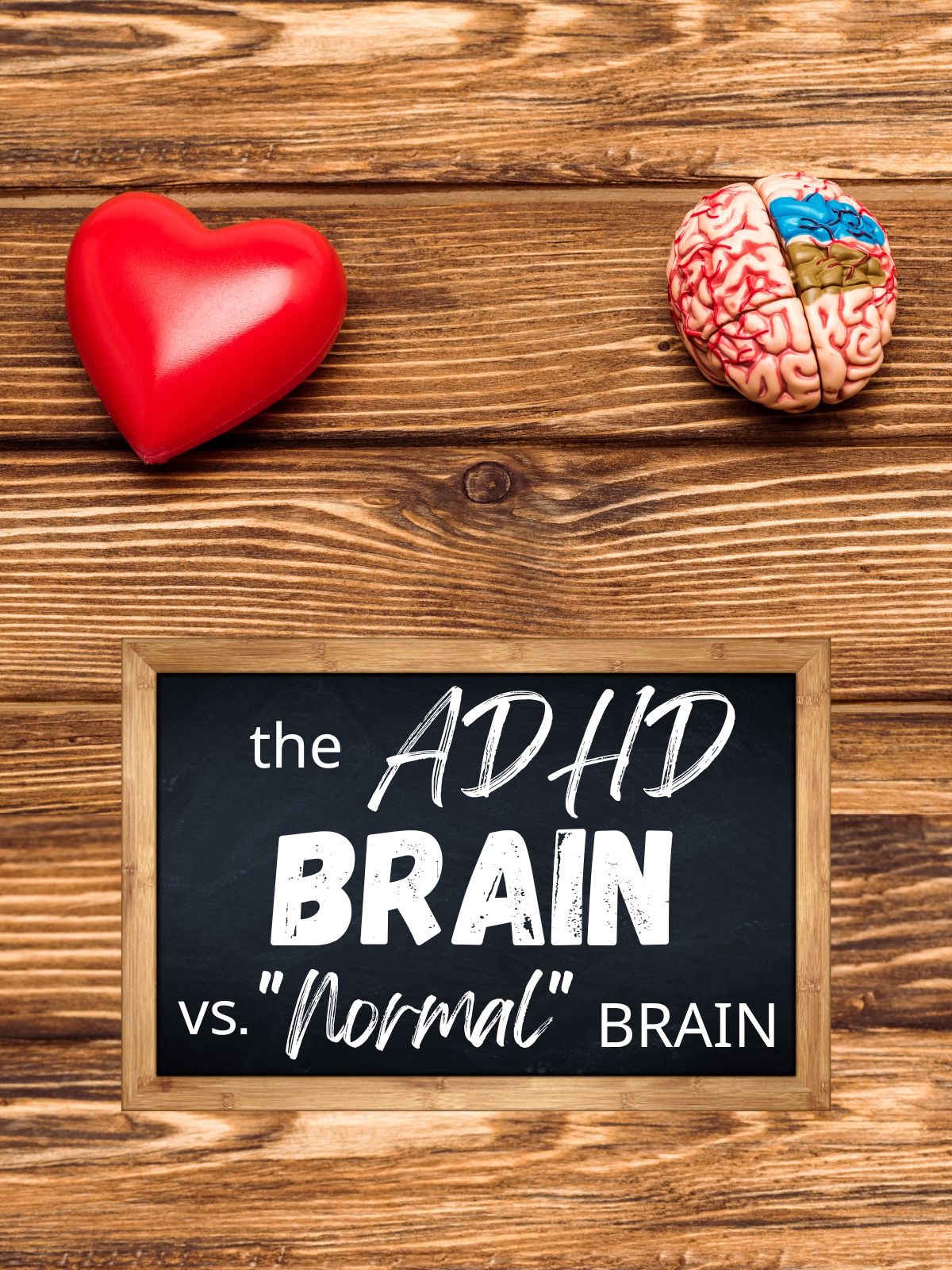 A picture of an adhd brain and a red heart with the text "the ADHD brain vs. "normal brain."