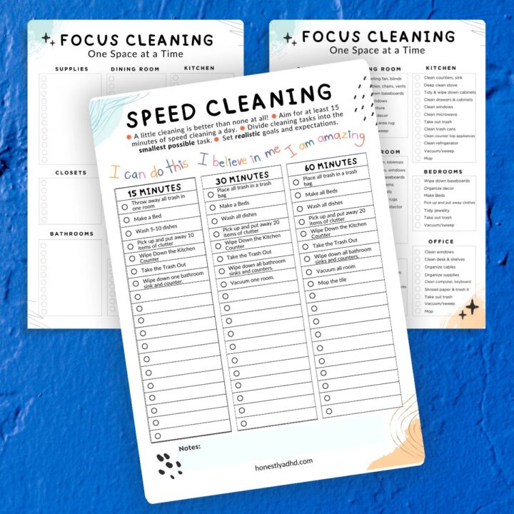 Three ADHD cleaning checklist printables.