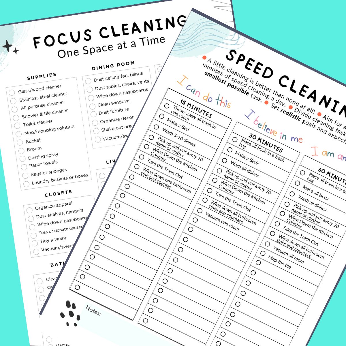 Two printable ADHD cleaning checklists.