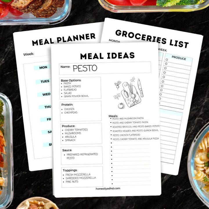 3 ADHD meal plan printables on a counter with prepped meals.