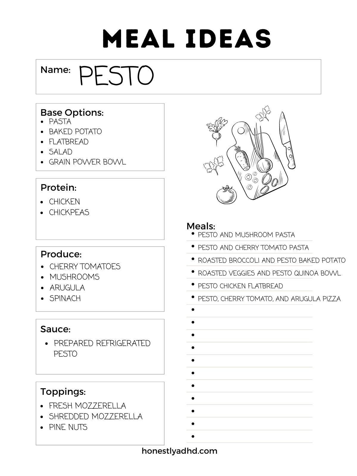 An example of an ADHD meal planner titled "Meal Ideas" filled out with meal examples.