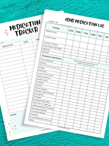 Two free printable pdfs of ADHD medication trackers.