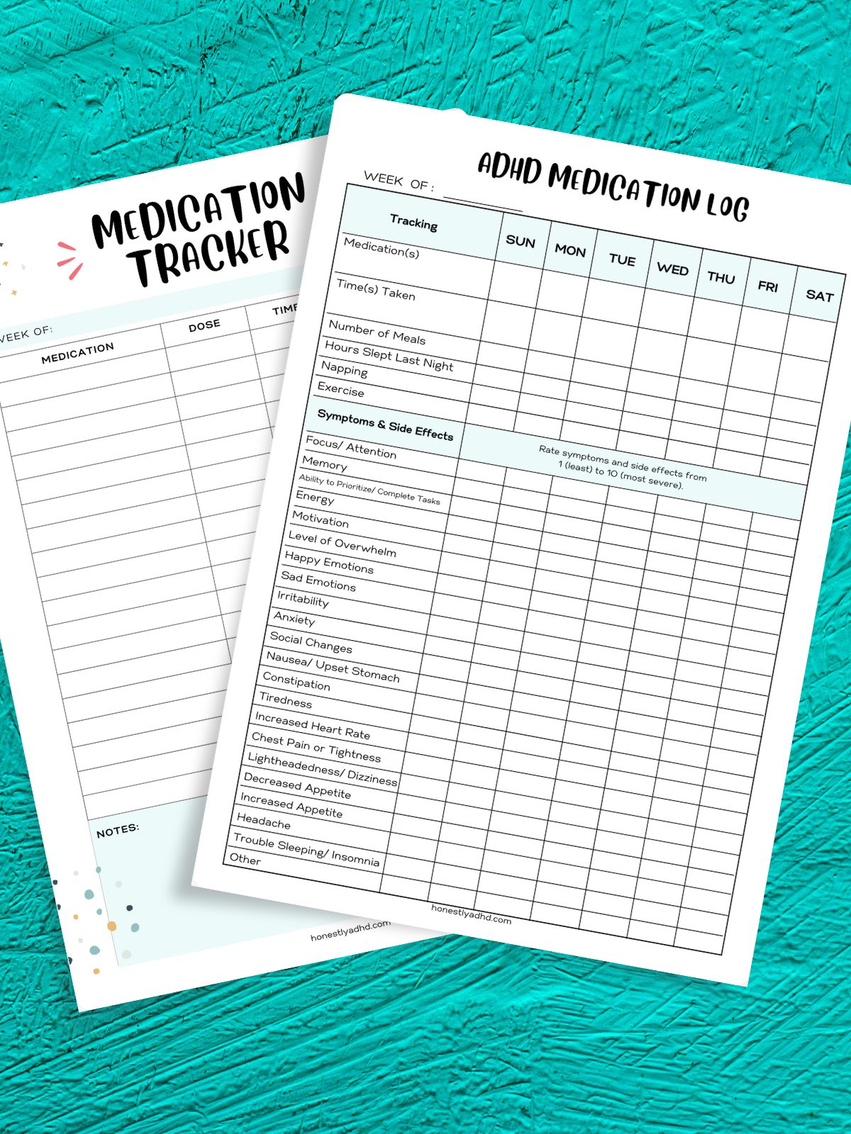 A printable medication tracker and a free printable ADHD symptom log.
