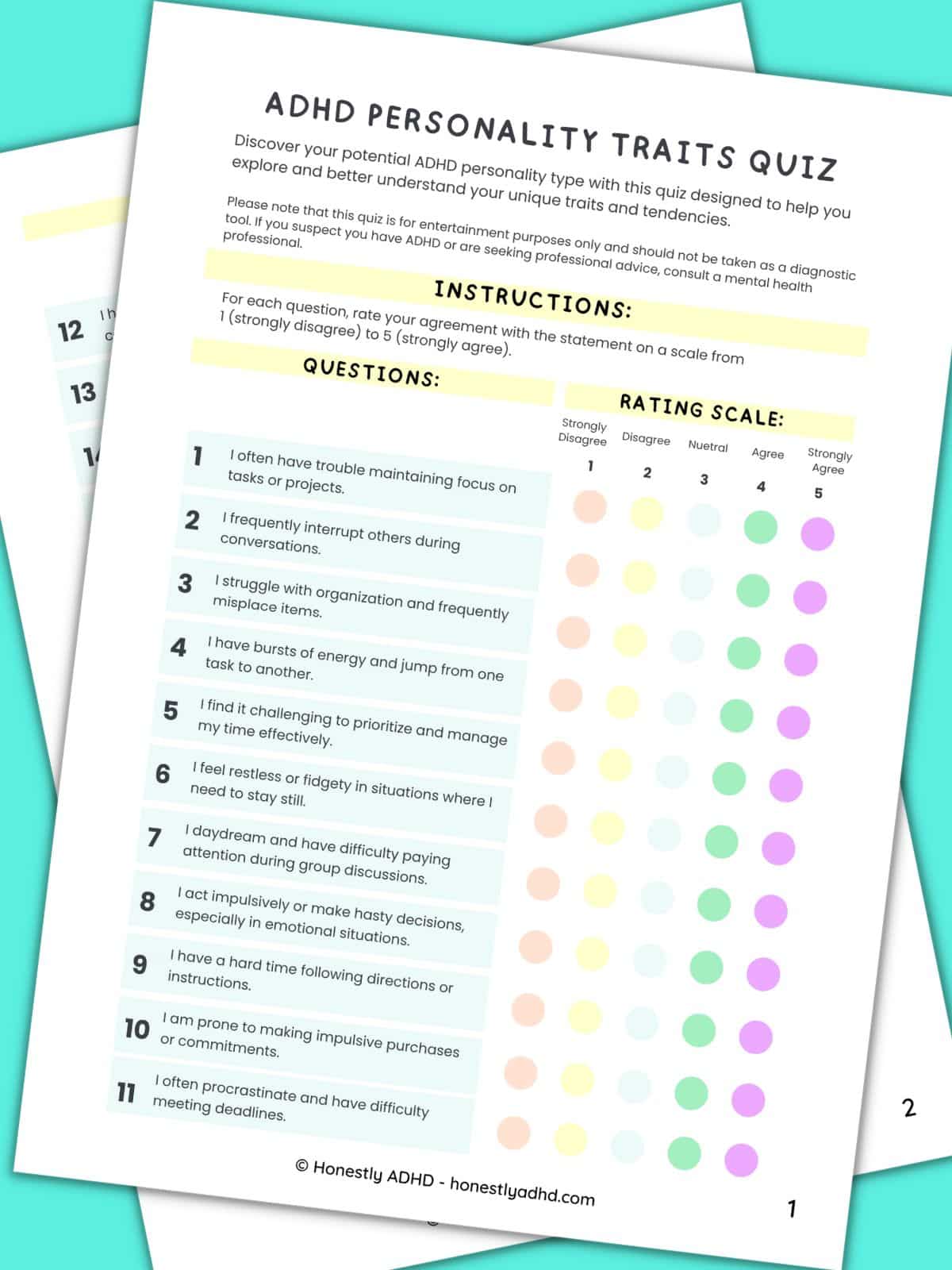 A two page ADHD personality printable quiz.