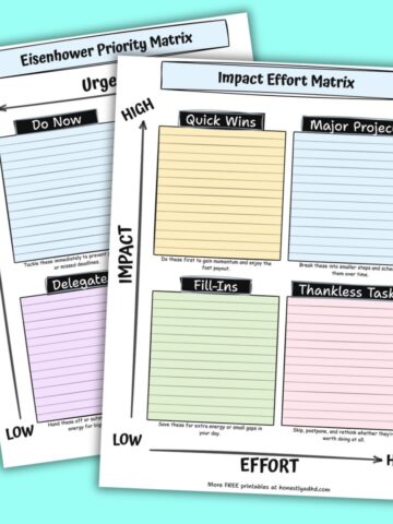 Two free printable ADHD priority matrices side by side—Eisenhower Matrix for urgent vs important tasks and Impact Effort Matrix for impact vs effort tasks.