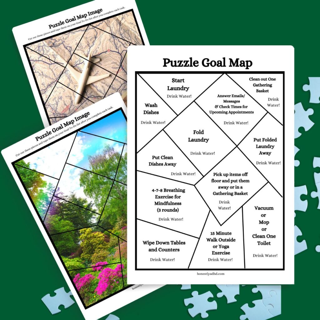 Three examples of the free ADHD puzzle printable files and some puzzle pieces.
