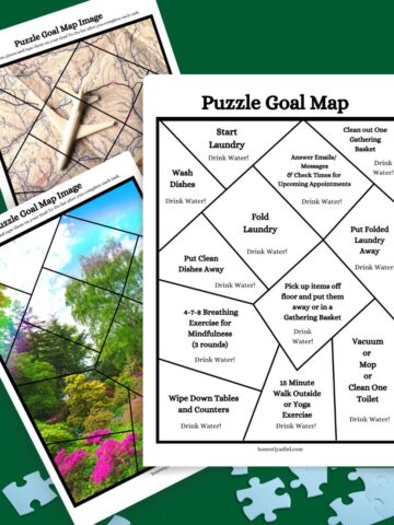 Three examples of the free ADHD puzzle printable files and some puzzle pieces.