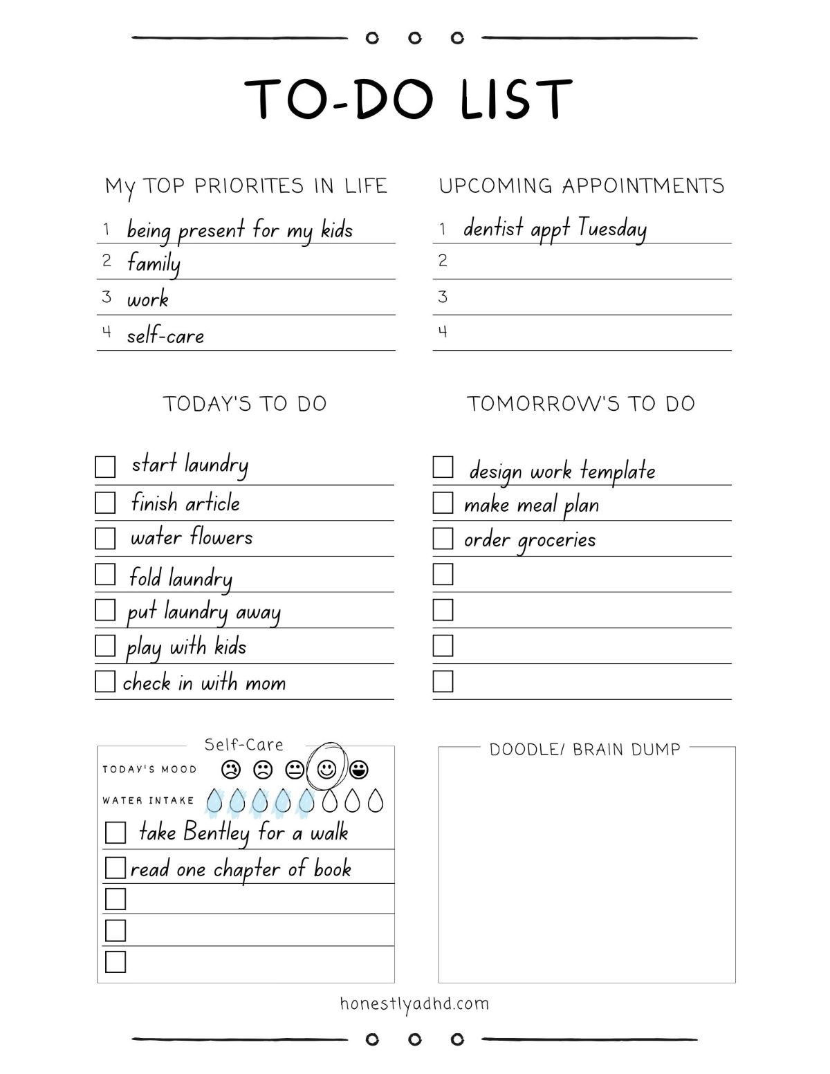 A simple free ADHD to do list filled out with example text.