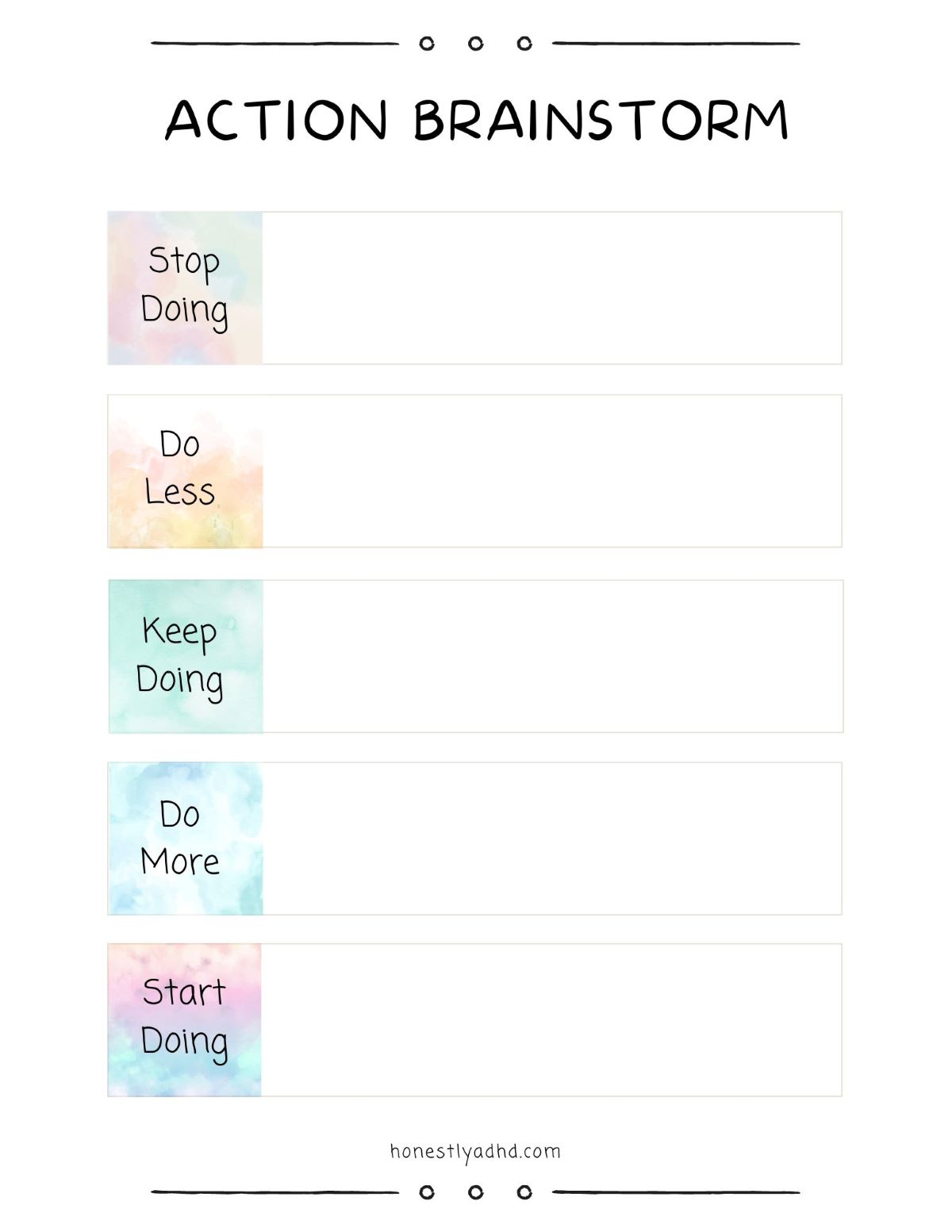 A printable ADHD brainstorm worksheet to help people with ADHD decide what should go on their to-do list.