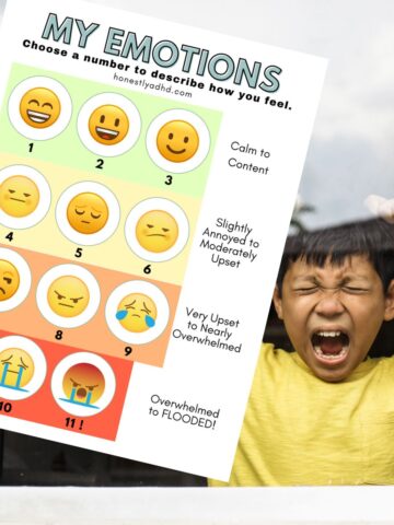A child having a meltdown. plus a printable emotion scale to help manage it.