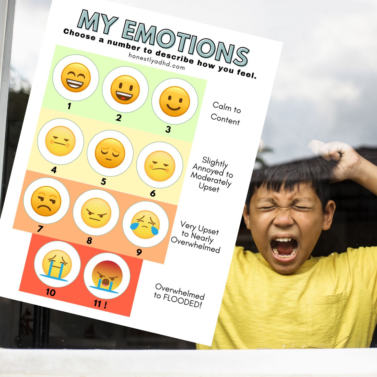 A child having a meltdown. plus a printable emotion scale to help manage it.