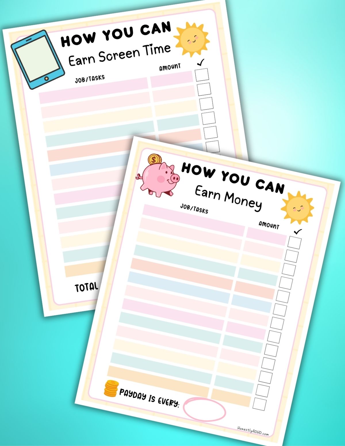 Printable ADHD chore charts for kids showing how to earn screen time and money, with colorful task rows, checkboxes, and playful sun and piggy bank illustrations.