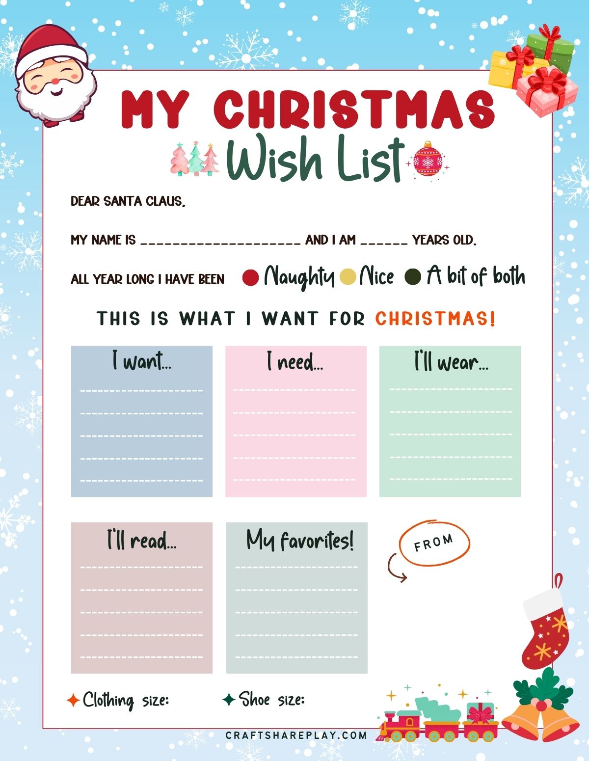 A christmas wish list for kids to fill out what they want for Christmas.