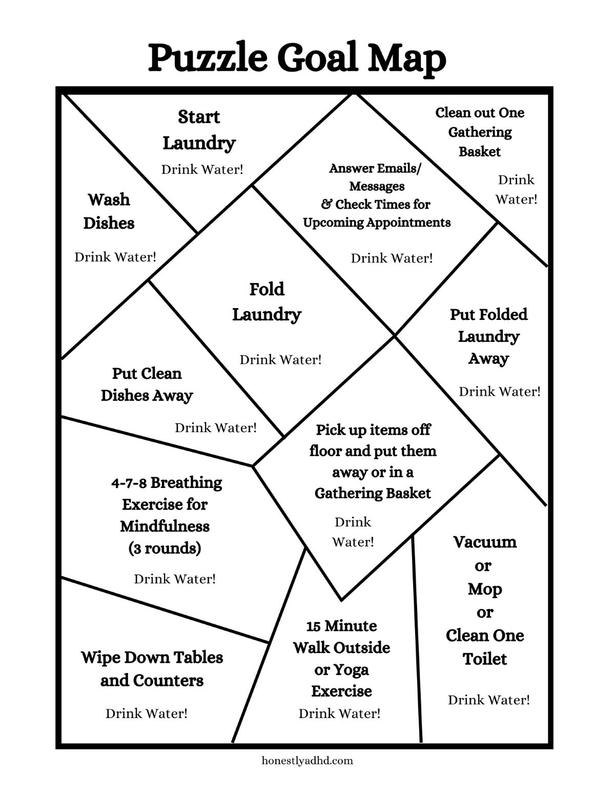 A Goal Map puzzle printable with prewritten daily to do tasks.