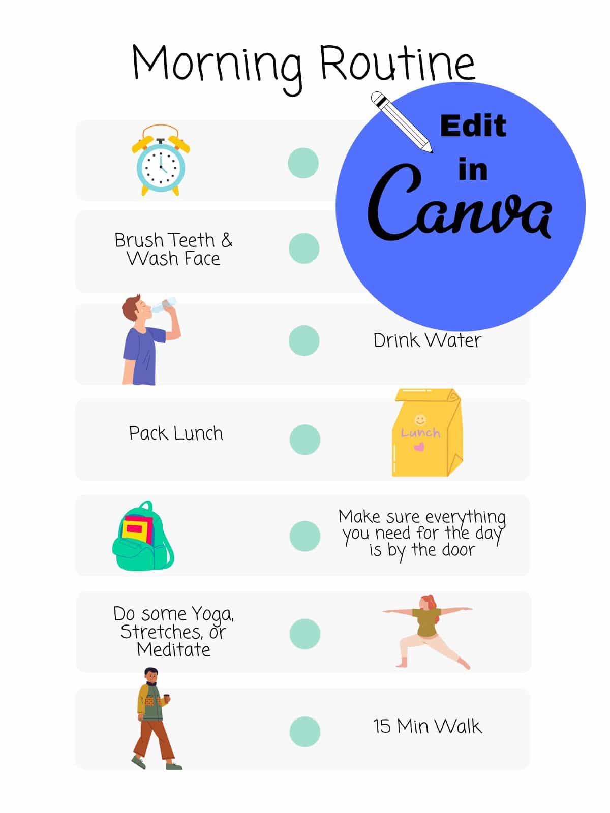 A picture of a printable ADHD morning routine, with images and checklist ideas, with the text "editable in Canva" on it.