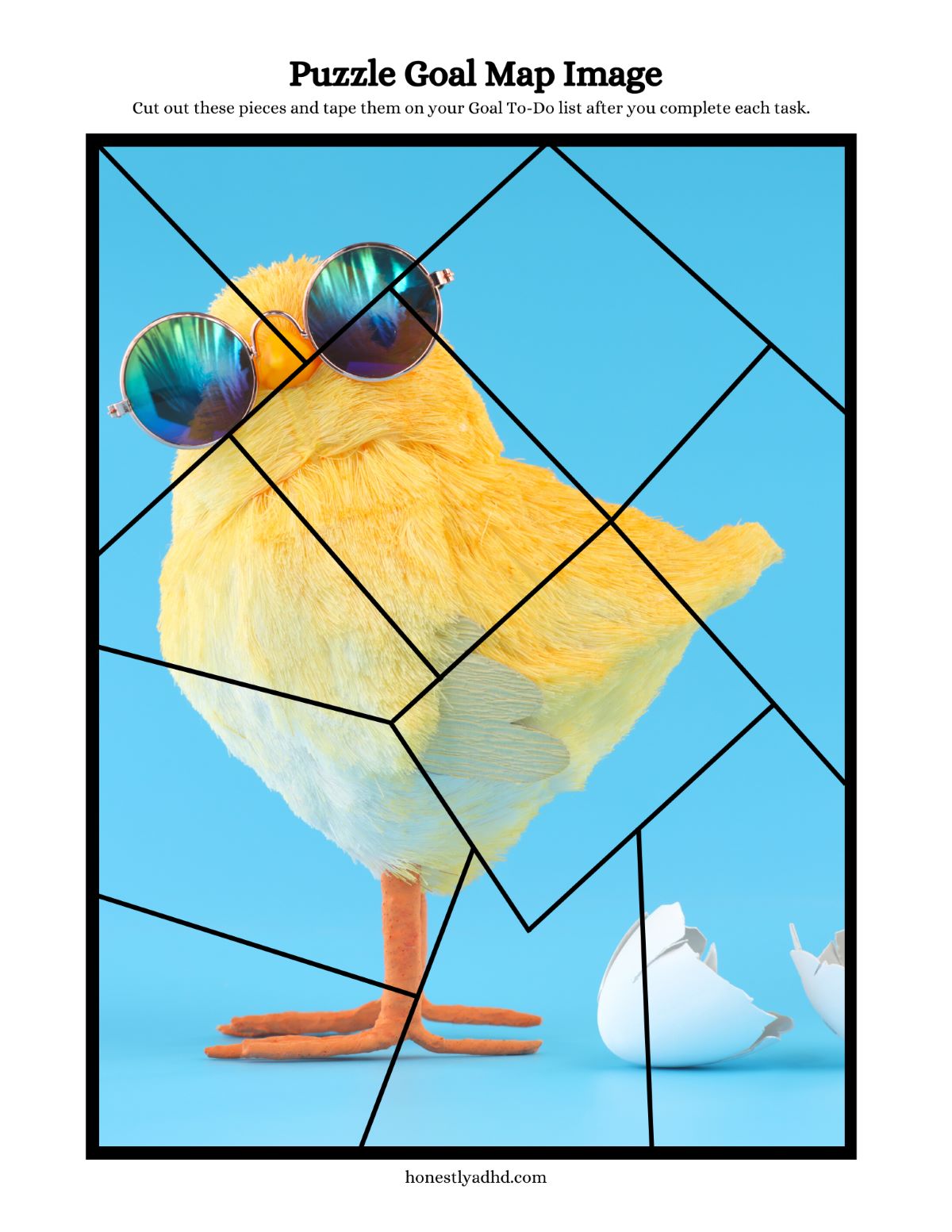 A puzzle printable for ADHD kids featuring a silly image of a baby chick with sunglasses on.