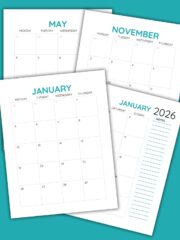 A visual of 4 printable 2026 calendar pages.