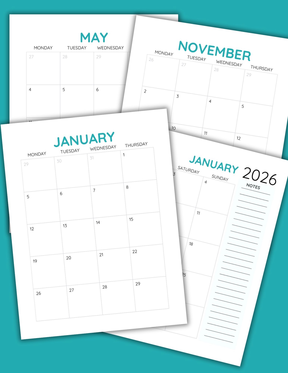 A visual of 4 printable 2026 calendar pages.