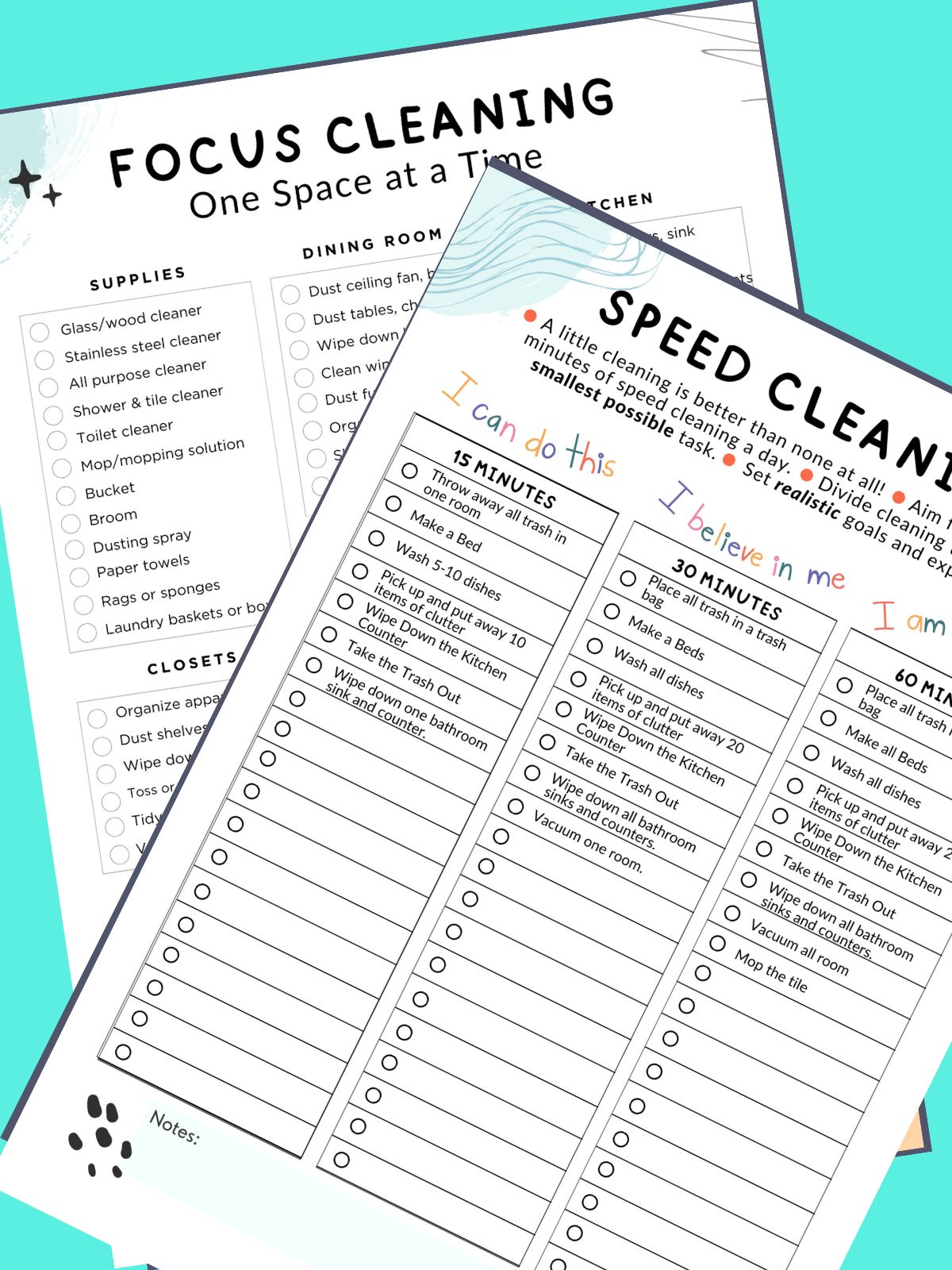 Two downloadable cleaning list templates for people with ADHD.