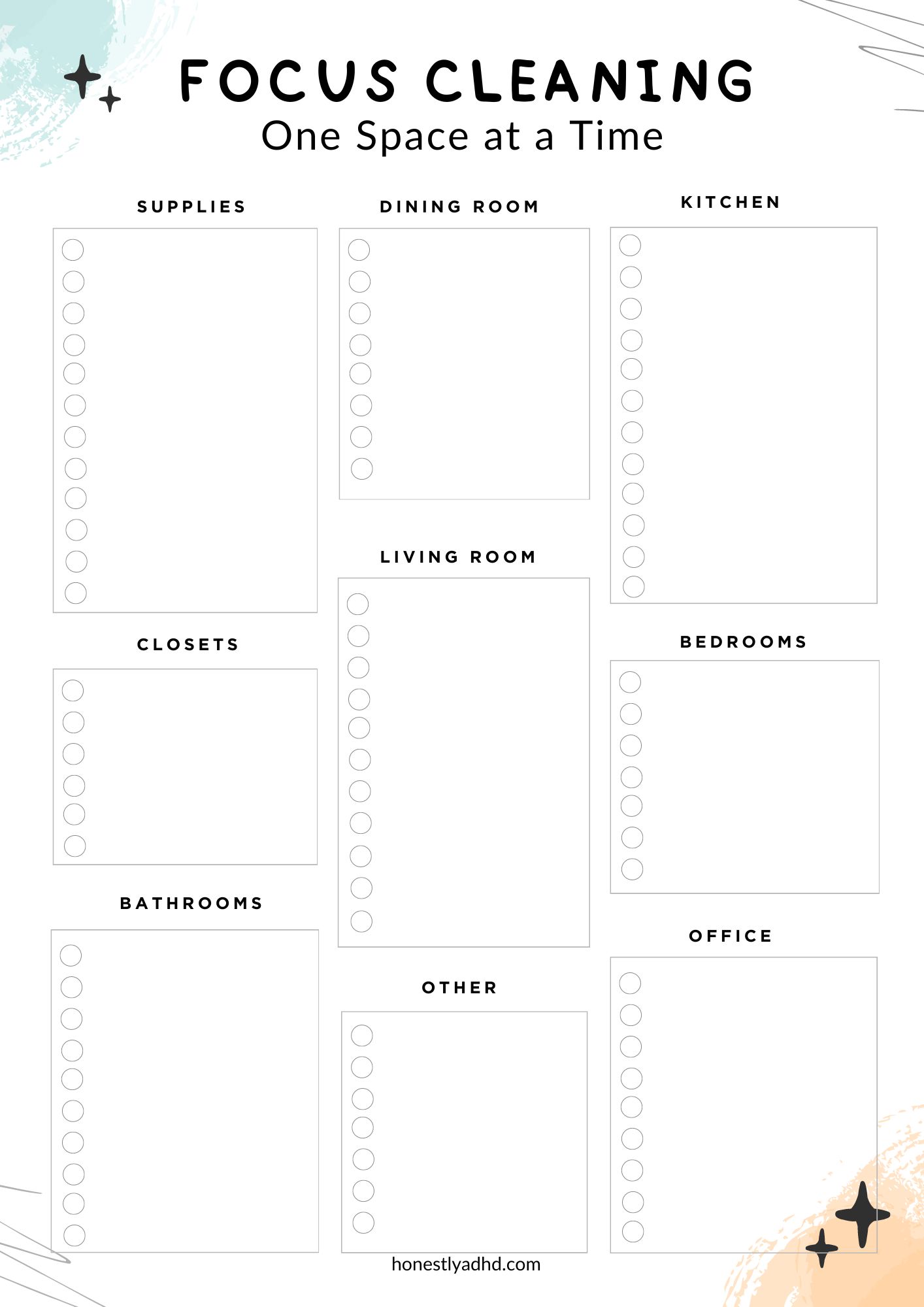 An cleaning checklist with empty spots for each room to divide cleaning tasks by room.