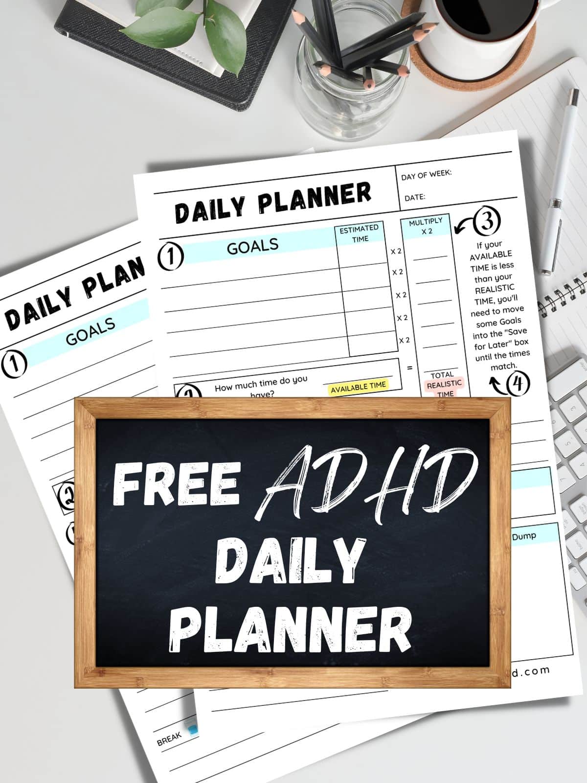 Two ADHD daily planner templates with the text overlay "free adhd daily planner."