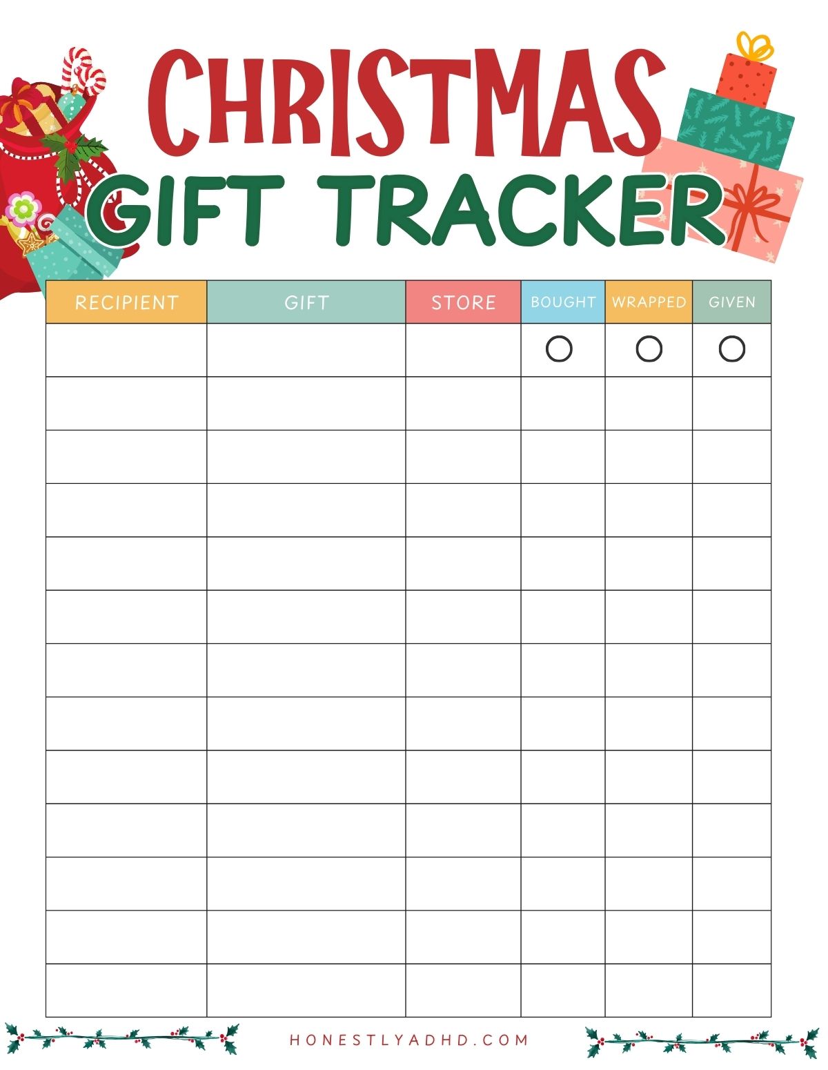 A free printable holiday shopping gift tracker pdf.