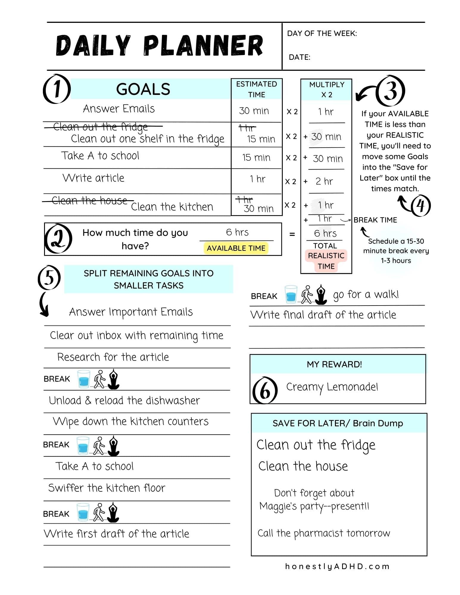 An image of the free printable daily planner with example writing filling out the sheet.