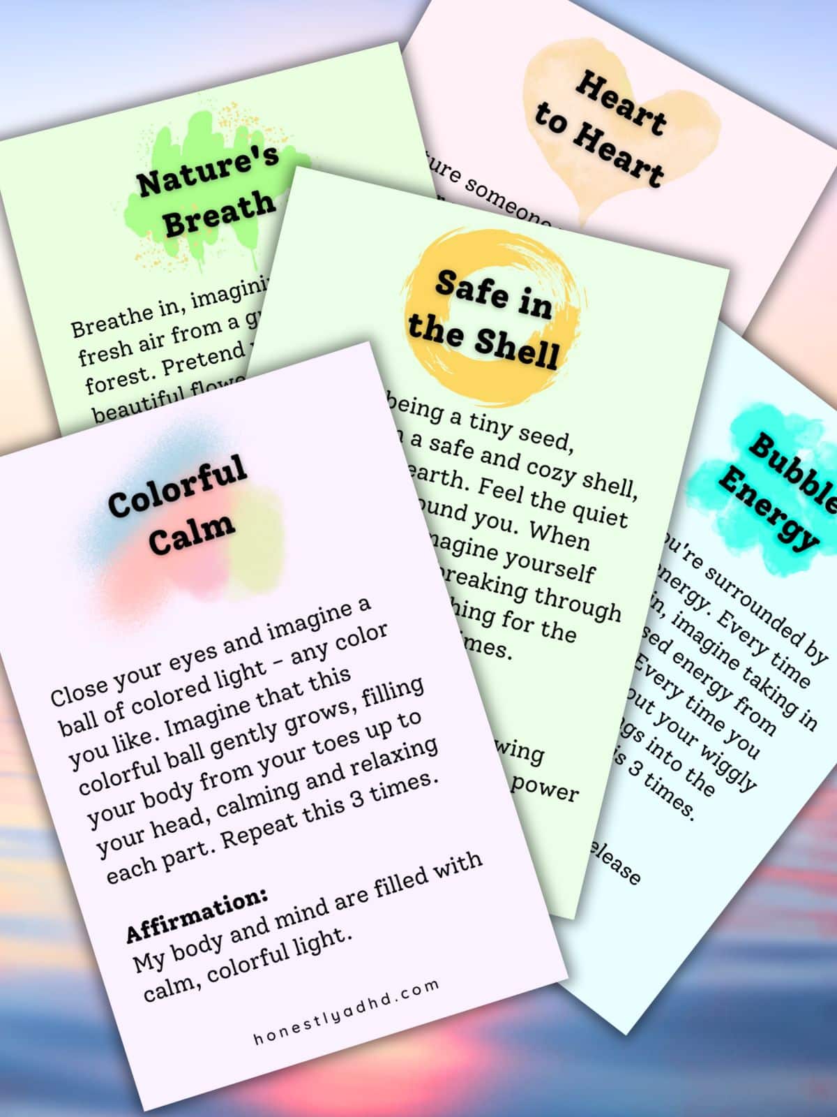 Several colorful and fun printable meditation exercises.
