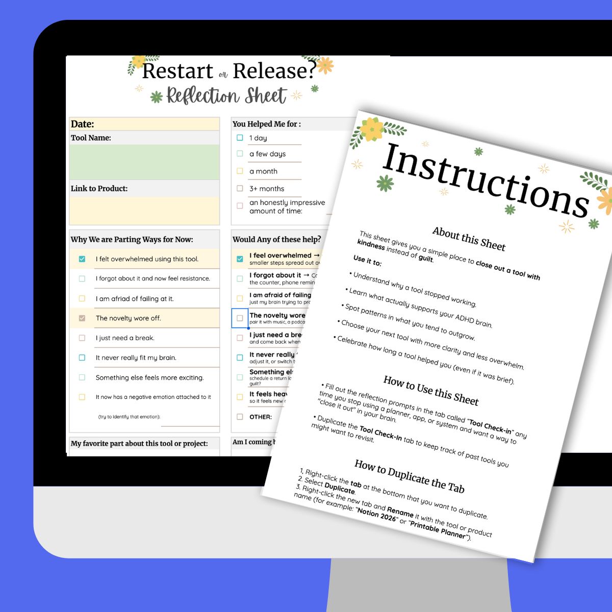 A computer screen displaying the “Restart or Release? Reflection Sheet” for ADHD, showing checkboxes for why a tool is being set aside and small prompts for deciding whether to restart or let it go. An instruction page is overlaid with guidance on how to use the reflection sheet.