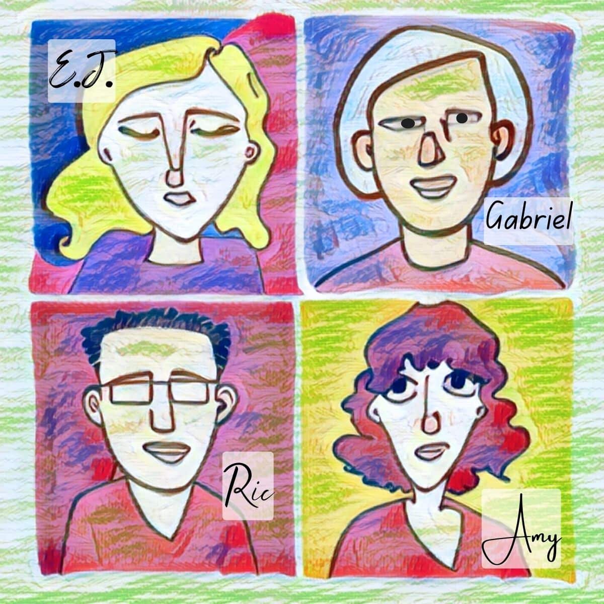 The honestly ADHD author team in drawing form--Erin, Amy, Gabriel, and Ric.