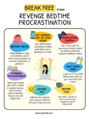 Colorful ADHD infographic on how to fix revenge bedtime procrastination with practical tips: get screens out of your room, set a screen curfew, use calming bedtime cues, plan daytime joy, and add external accountability. A guide to stop sleep procrastination and build better rest habits.