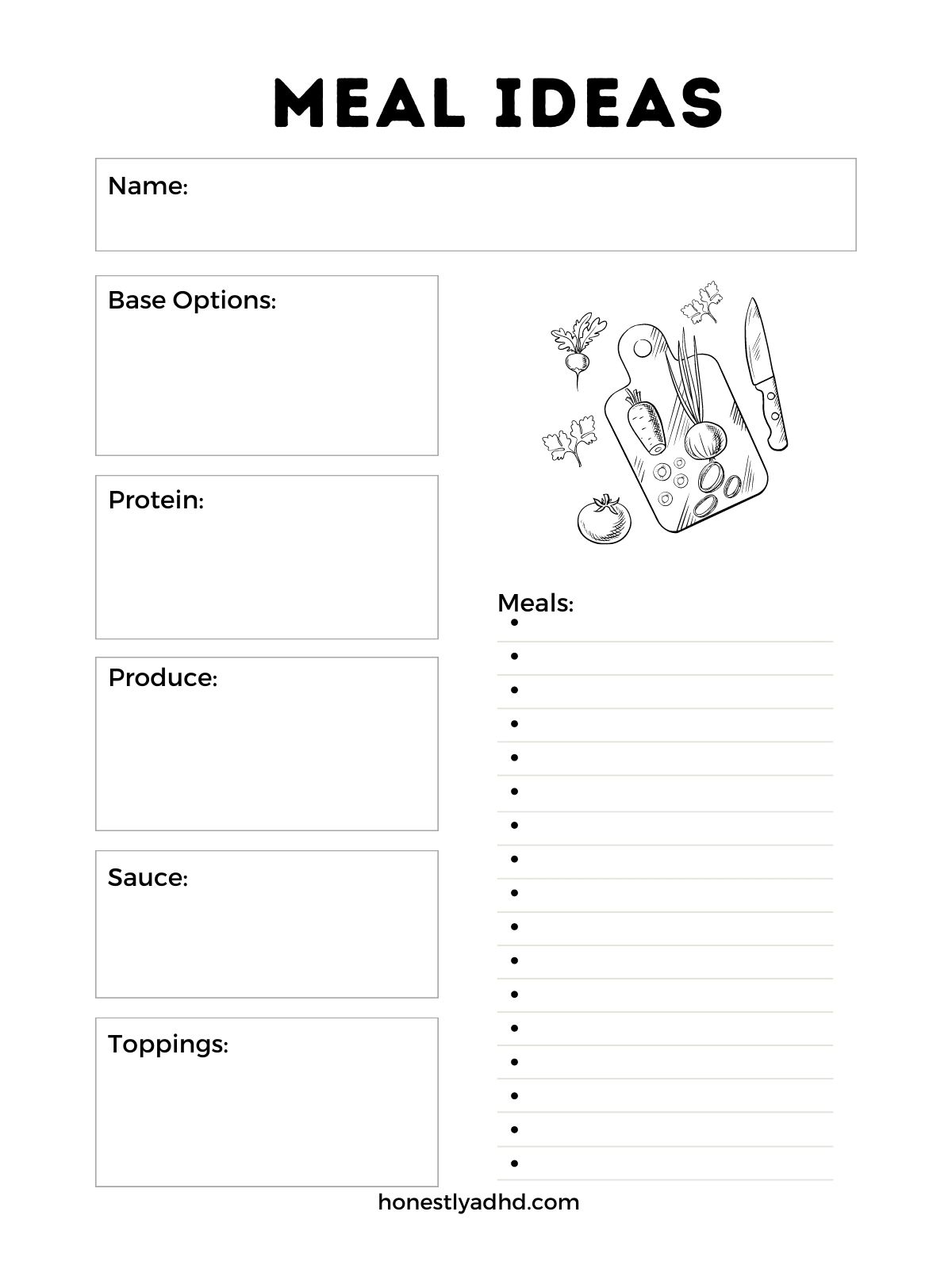 An ADHD Meal Ideas free printable.