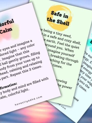 Three printable meditation cards with the text overlay "meditation for adhd kids."