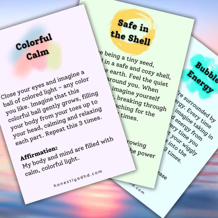 Three printable meditation cards with the text overlay "meditation for adhd kids."