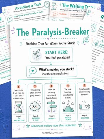 Free ADHD Paralysis-Breaker printable PDF from honestlyADHD.com showing all six pages fanned out: a decision tree cover page, plus dedicated worksheets for The Waiting Trap, Avoiding a Task, Simplify, Break It Down, and Recharge. The decision tree on top asks "What's making you stuck?" with five common types of ADHD paralysis to choose from.