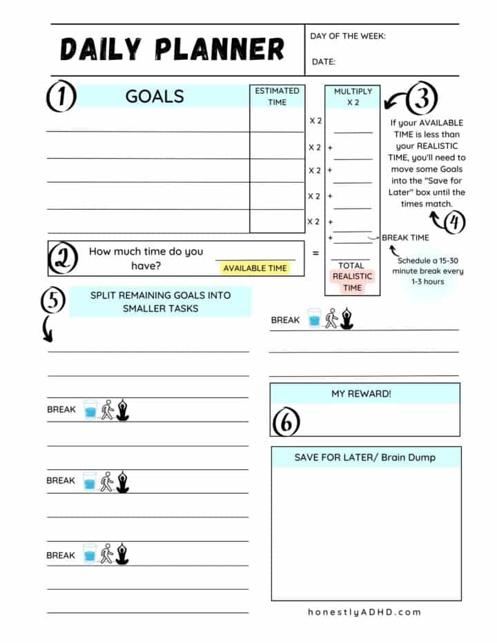 Free Printable ADHD Daily Planner: Achieve Realistic Goals - Honestly ADHD