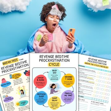 A tired person in pajamas yawns while holding a phone and a coffee mug. In front of them are three ADHD printable resources about revenge bedtime procrastination: a colorful infographic with tips to break free from bedtime procrastination, a cycle diagram showing how busy days lead to delayed sleep and exhaustion, and a printable checklist to show how to stop revenge sleep procrastination and build healthier bedtime habits.