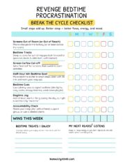 Free printable ADHD revenge bedtime procrastination checklist with simple steps to fix sleep struggles. Includes how to stop late-night scrolling, set screen curfew, add calming bedtime cues, and use accountability to break the cycle of delayed sleep.