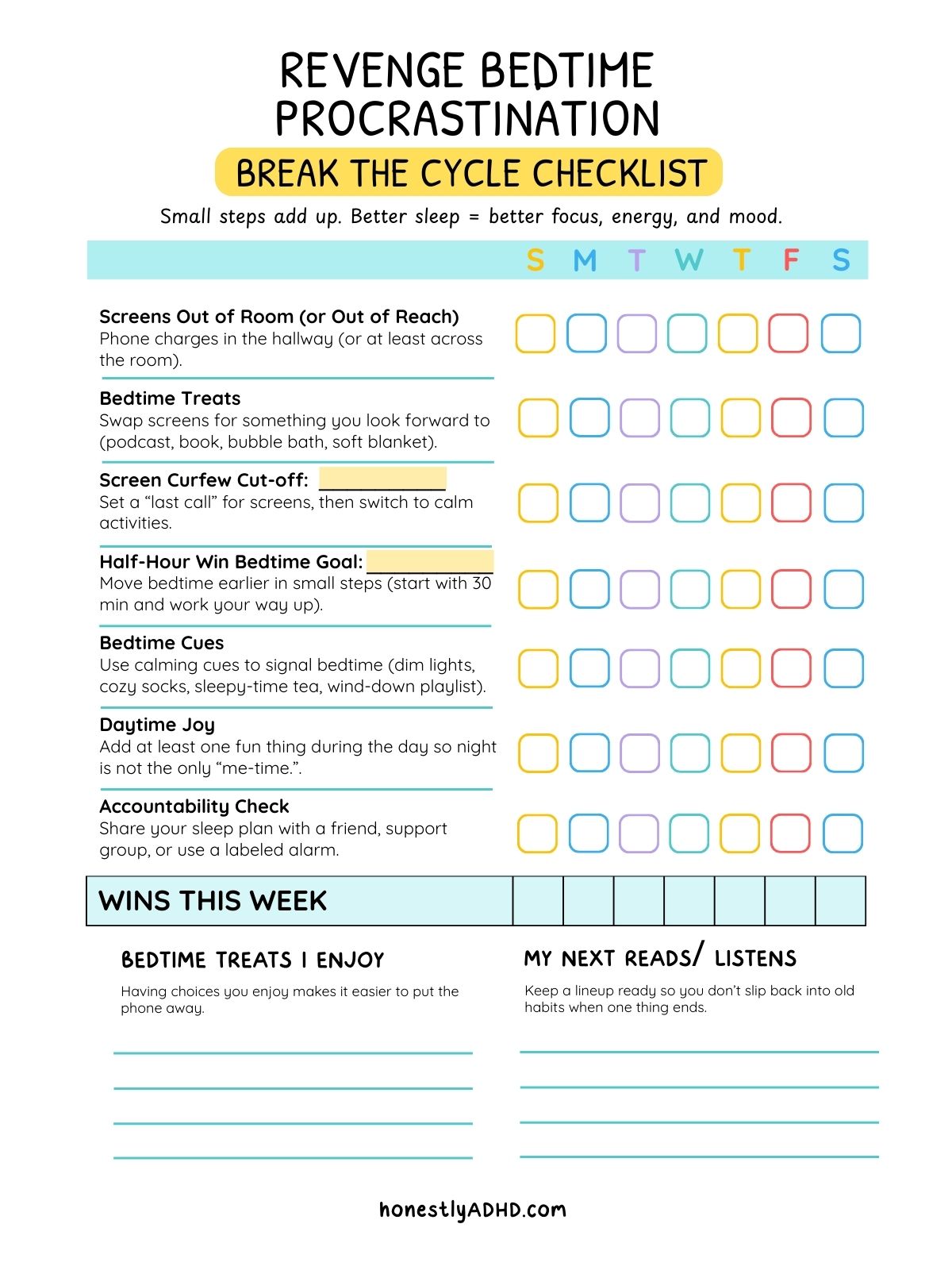 Free printable ADHD revenge bedtime procrastination checklist with simple steps to fix sleep struggles. Includes how to stop late-night scrolling, set screen curfew, add calming bedtime cues, and use accountability to break the cycle of delayed sleep.