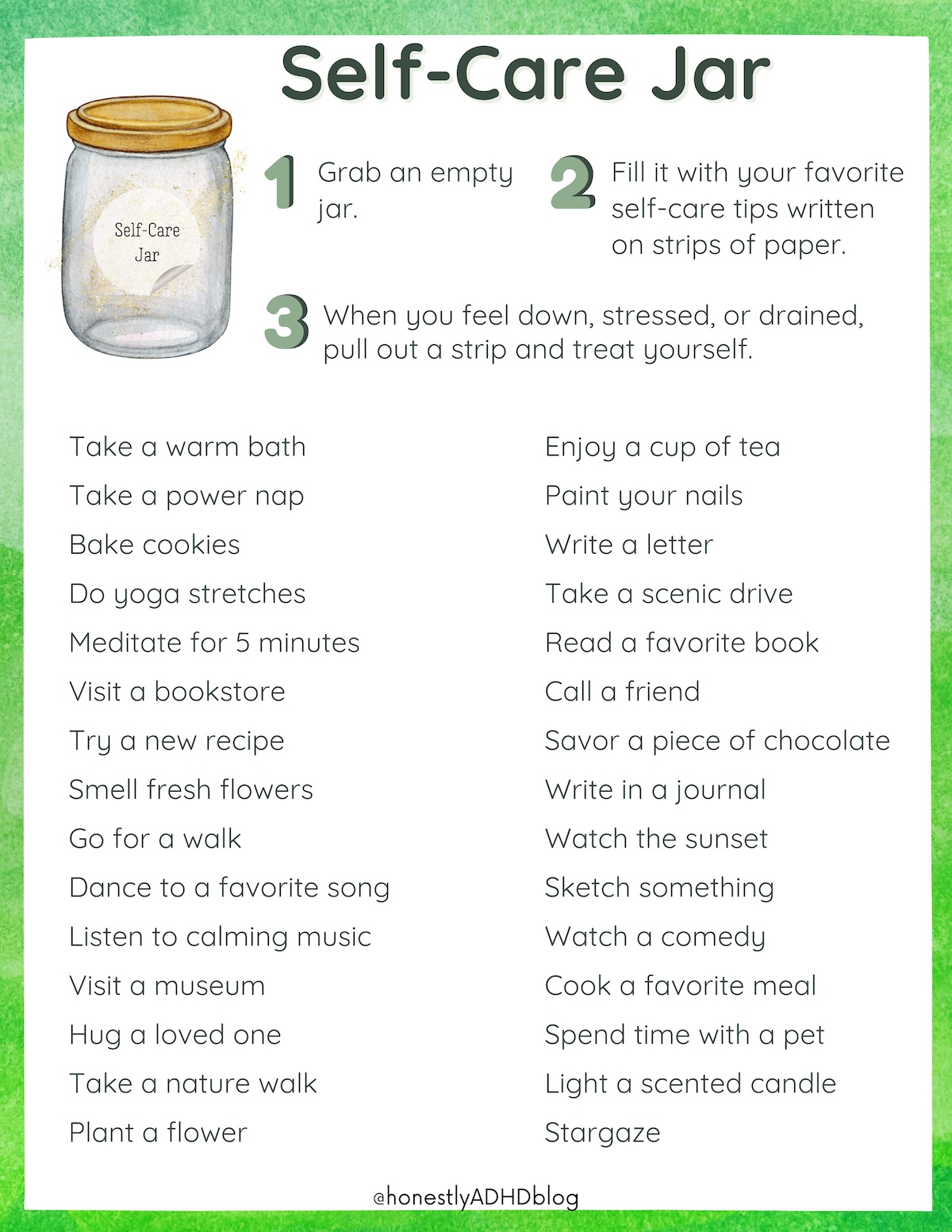 An image of a free self care jar printable.