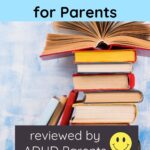 A stack of books with the text overlay "The best adhd books for parents, reviewed by ADHD parents :)" and "honestlyadhd.com."