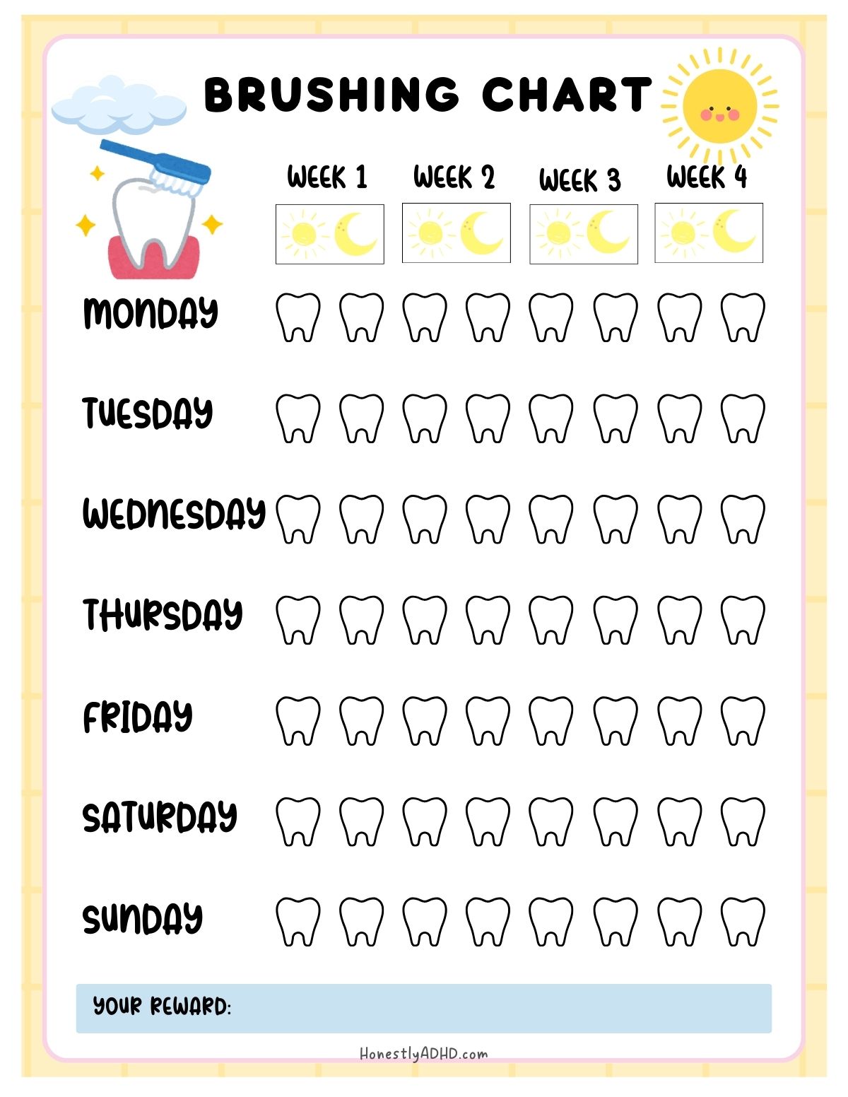 Kids brushing chart with daily tooth icons for morning and night brushing, organized by days of the week and four weekly sections with a reward space.