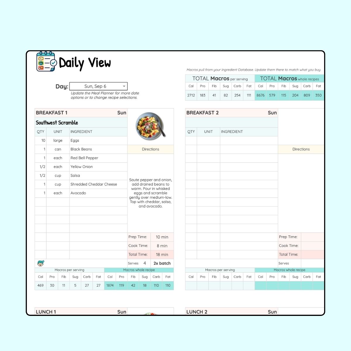 Daily View tab showing today's meals with ingredients, directions, and total macros per serving and per recipe.