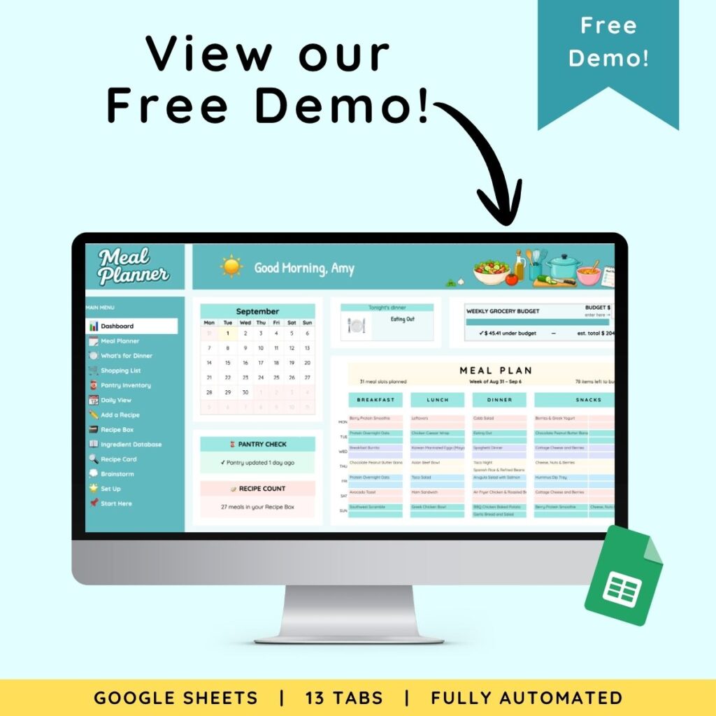Free demo of the ADHD Meal Planner dashboard with weekly meal plan and grocery budget.