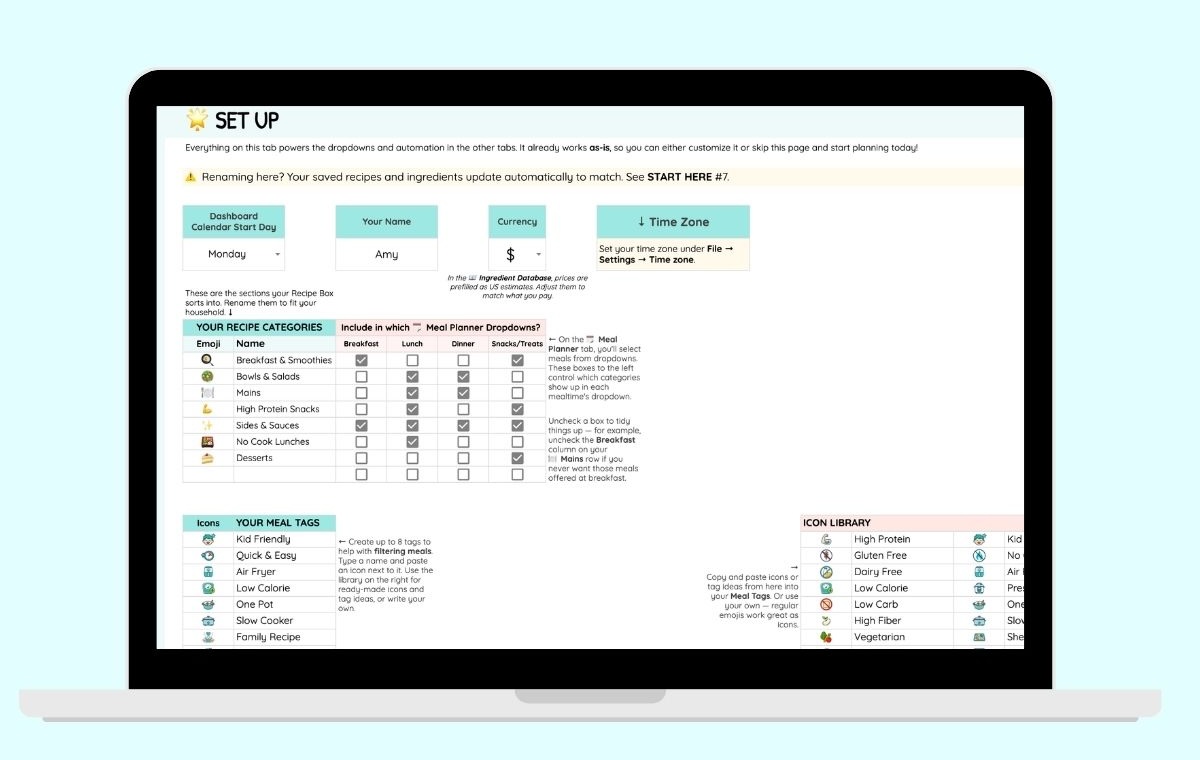 Set Up tab for naming meal categories, tags, and currency, with checkboxes for which meals appear in each planner dropdown