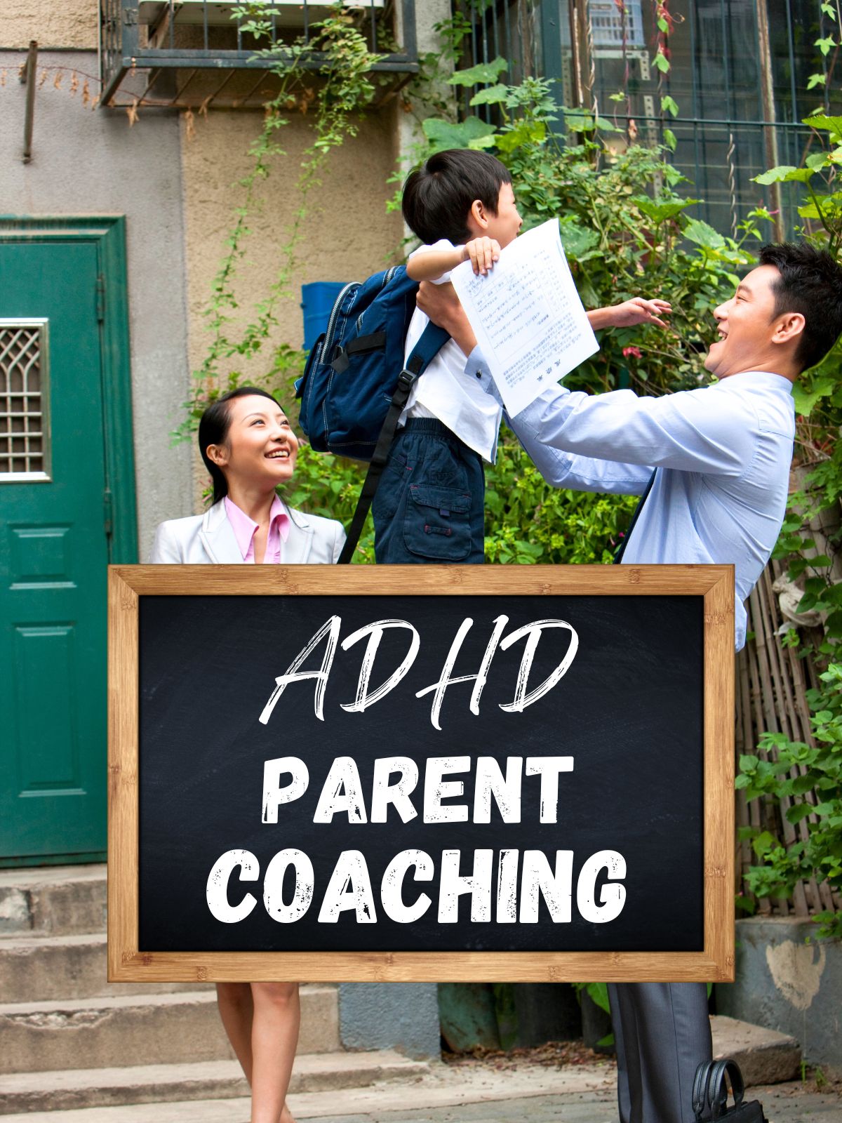 A mother and father with their son, the father is happily lifting up the son who has his backpack on and is holding some school work, with the text "ADHD parent coaching."