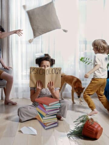 2 hyperactive Kids thowing pillows and a girl reading a book labeled "psychology," and the words "adhd personality types" on a chalkboard.
