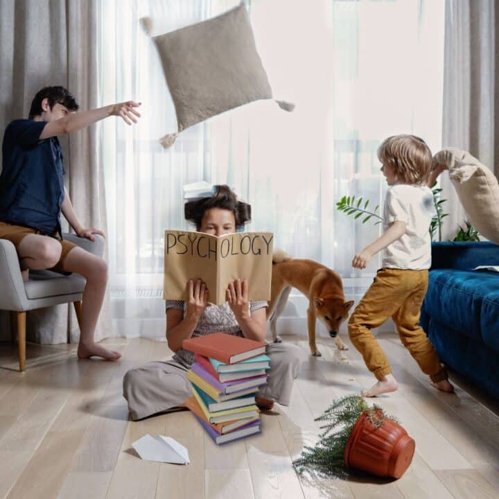 2 hyperactive Kids thowing pillows and a girl reading a book labeled "psychology" near a stack of books.